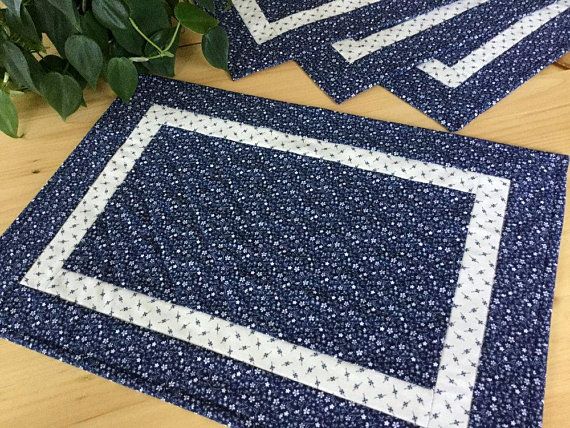Blue Quilted Placemats Set Of 4 Handmade Navy Fl Calico Navy Blue Fl Calico