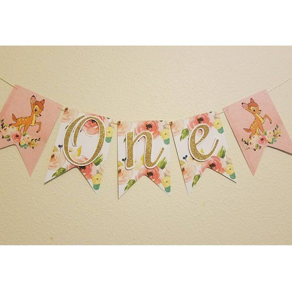 floral party decor bambi banner Birthday banner happy birthday banner. Bambi 1st birthday banner Bambi banner one birthday banner