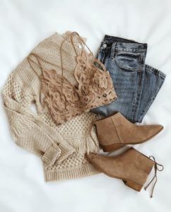 Brown sweater with bralette jeans and boots Brown sweater with bralette jeans and boots