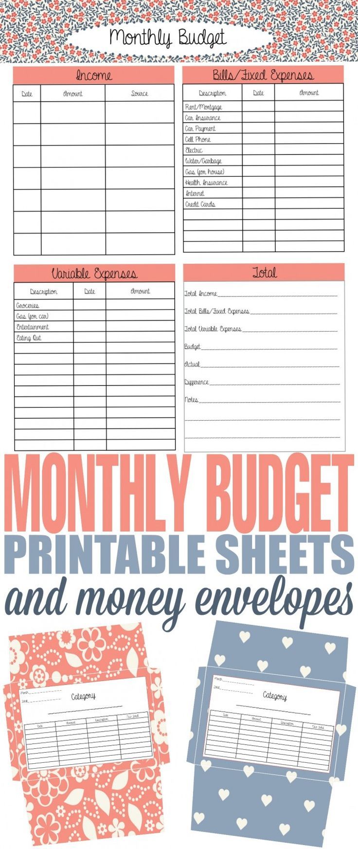 How to Budget and Spend Wisely with an Envelope System with free printable monthly budget sheets and money envelopes in cute prints!
