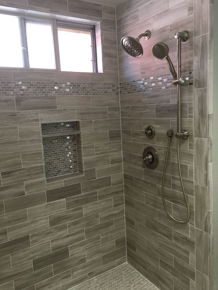 Master Bath Shower with Limestone Tile in standard brick