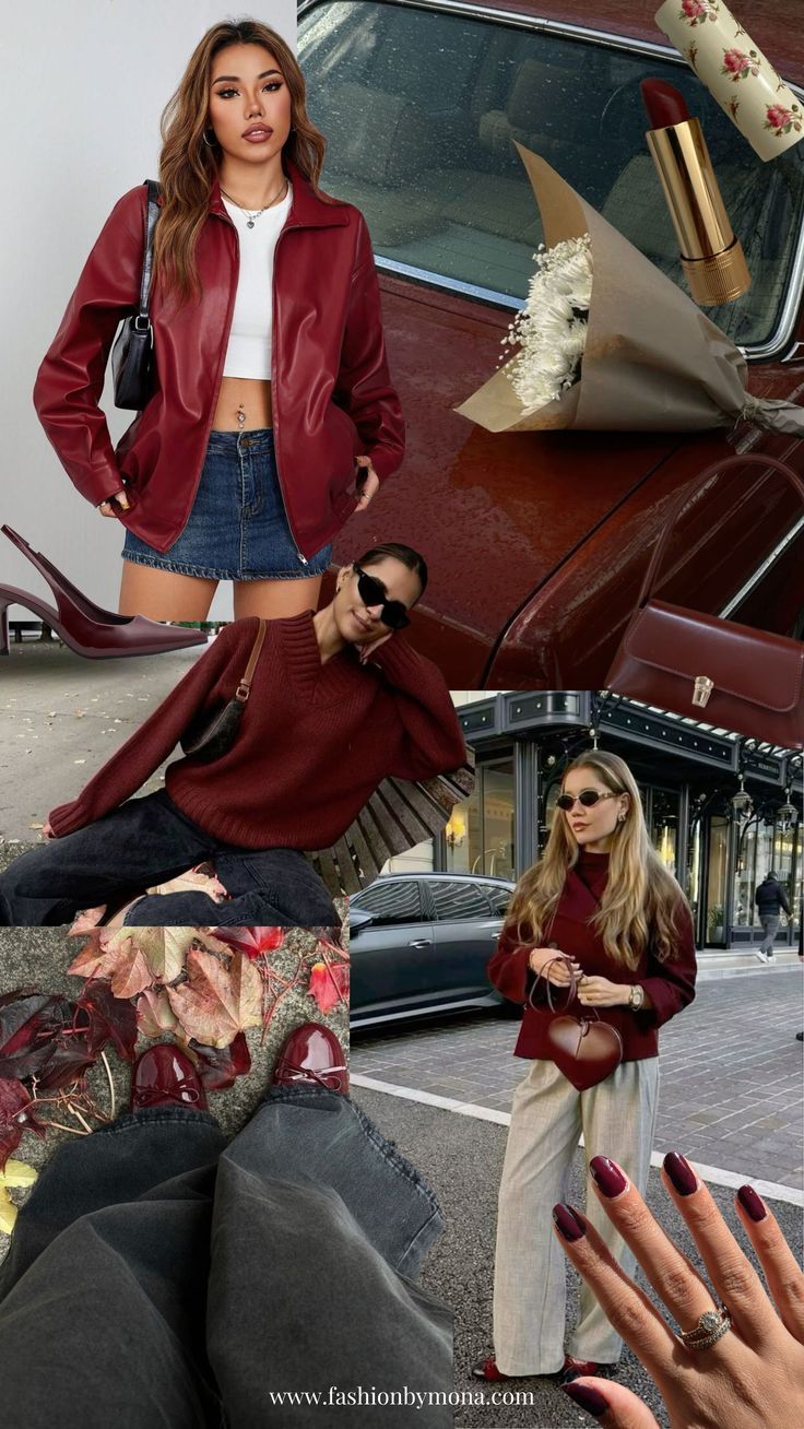 Esto contiene: Burgundy aesthetics collage/montage, red nails, dark red knit jumper, red leather jacket, red ballet flats, dark red shoulder bag, red vintage car, dark red sweater, autumn aesthetics