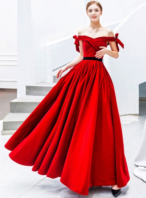 In Stock:Ship in 48 Hours Red Velvet Off the Shoulder Prom