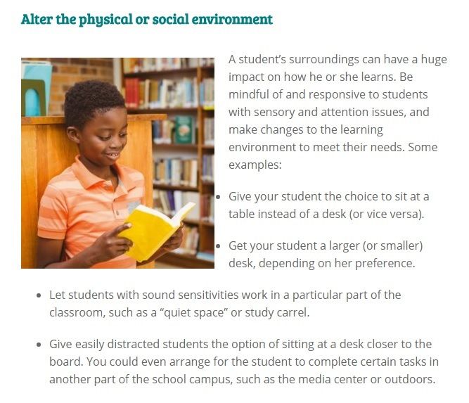 Adaptation Tip Alter A Student S Physical Or Social Environment To Meet Their Needs Click To Read Th Inclusion Classroom Social Environment Attention Issues