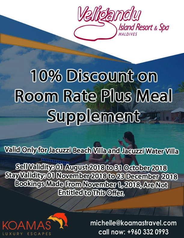 10 Discount on Room Rate Plus Meal Supplement at Veligandu Island 10 Discount on Room Rate Plus Meal Supplement at Veligandu Island