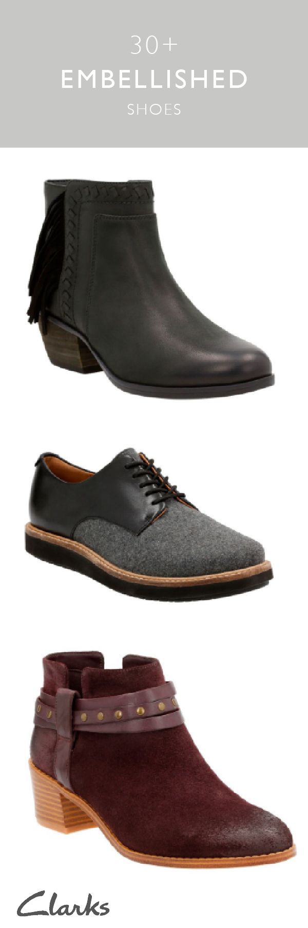 8 best Clarks Cloudsteppers™ images on Pinterest | Boots for women ... A little something extra goes a long way with this all-new collection of embellished shoes from Clarks. Whether it's a bit of fringe, a touch of tweed, ...