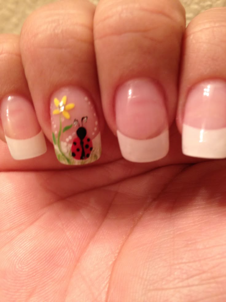 Standard French Manicure With Ring Finger Accent Lady Bug Standard French Manicure with ring finger accent lady bug sunflower floral flower easy free hand nail art | YOU NAILED IT! | Pinterest | Ring finger ... - Standard French Manicure With Ring Finger Accent Lady Bug