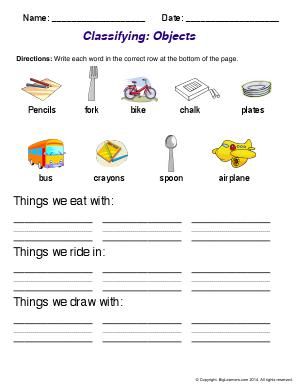 Worksheet | Classifying: Objects | Classify each object in the correct
