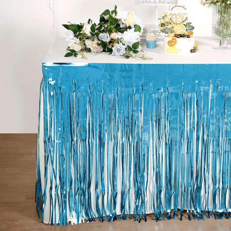 30"x9ft Blue Metallic Foil Fringe Table Skirt, Self Adhesive Tinsel Table Skirt | Table skirt ...