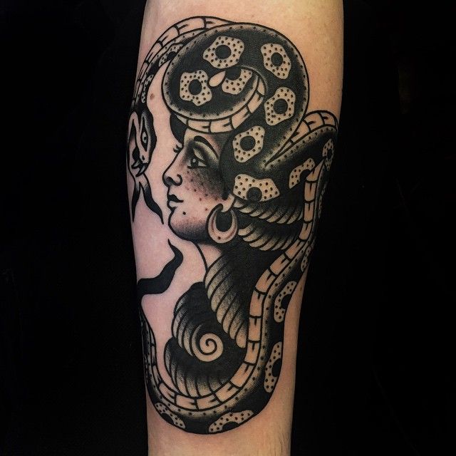 black ink traditional lady head with snake tattoo black ink traditional lady head with snake tattoo