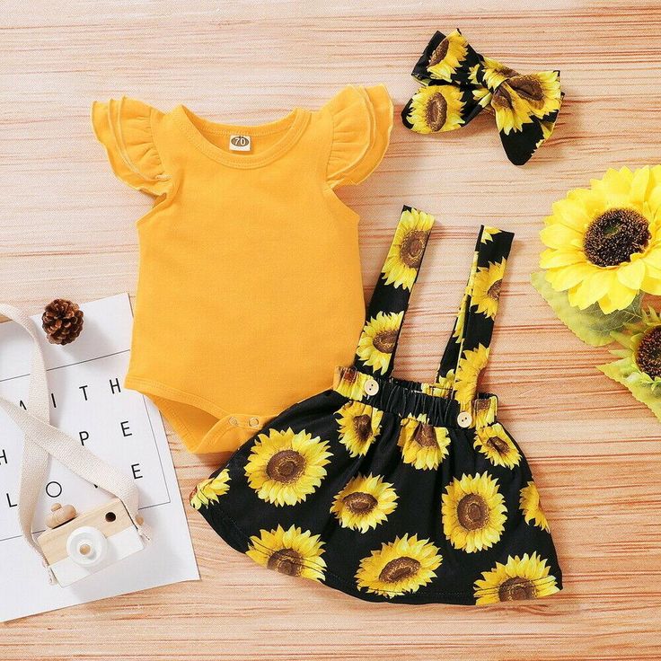 Headband Outfit Floral Dress Sunflower Skirt 3PCS Toddler Baby Girls Clothes Ruffle Short Sleeve Top