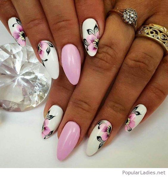 French Manicure With Pink White Floral Flowers Water Slide Decals With Fish Scale Glitter Easy Free Han Pink Nails Pink Nail Designs Pink Nail Art Designs