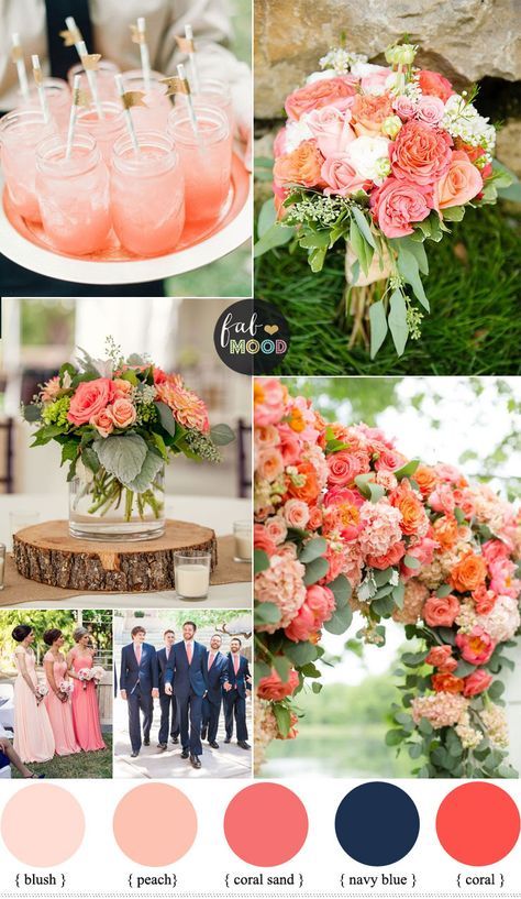 Beautiful summer wedding color scheme - Coral and navy blue wedding colour palette. Navy blue brings modesty to your wedding day. Peach and coral brings