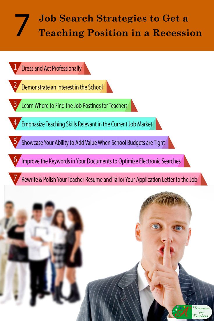 Smarter job search strategies are required to get a teaching job during a recession. Recession-proof your resume, interview skills and job search strategy. An economic downturn is no time to slow down your job search. Instead, work on polishing your job search skills and getting your education resume to the top of the resume stack for when the market and hiring pick-up. While technically teaching jobs are recession-proof, in reality, governments tighten their belts, too.