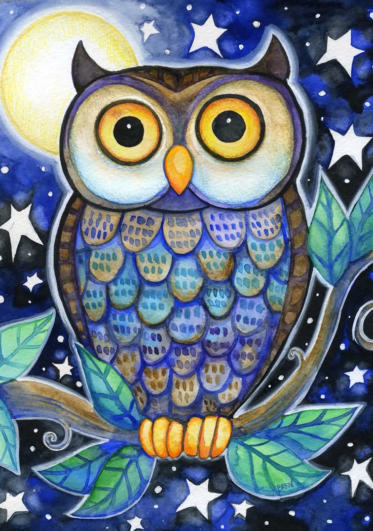 night owl colorful owl moon star print by bluelucystudios etsy