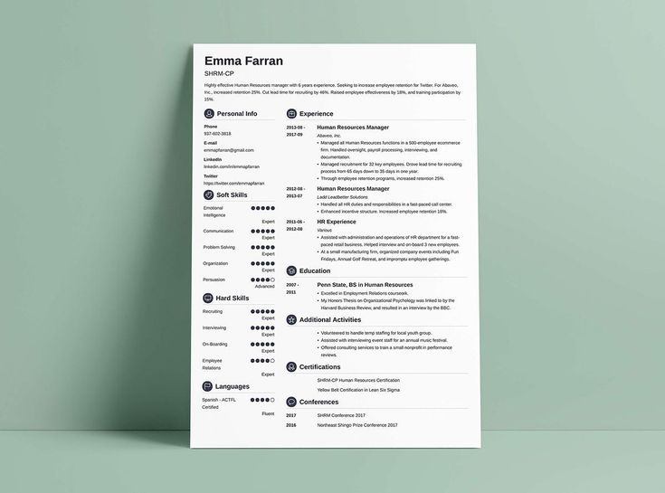 Another of our favorites here at Uptowork - the clean Crisp resume template made using our resume builder. It’s got a left-hand sidebar, but a full-width header area up top for your name, title, and all-important resume summary or objective. In the skills and language sections, colored circles detail your level of each. Icons precede each resume section for a modern feel. It uses a white background, black text, and a color of your choice for heading titles, or reverse that, if you wish,