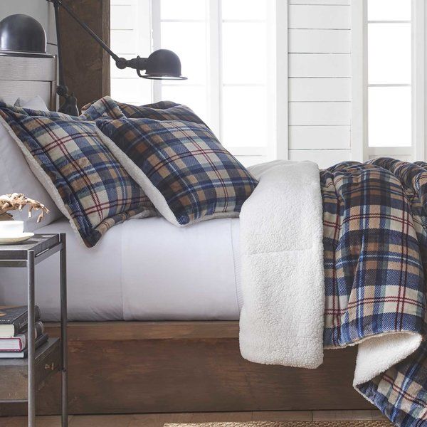 Ethan Plush Sherpa Plaid Reversible Comforter Set Comforter Sets Plaid Comforter Bed