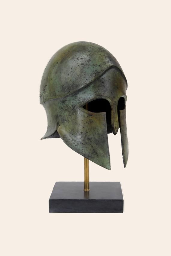 Meandros Crested Helmet Ancient Greek Bronze Corinthian Helmet Greek Key Sculpture Greek Museum Reproduction Handmade Artifact Verdigris