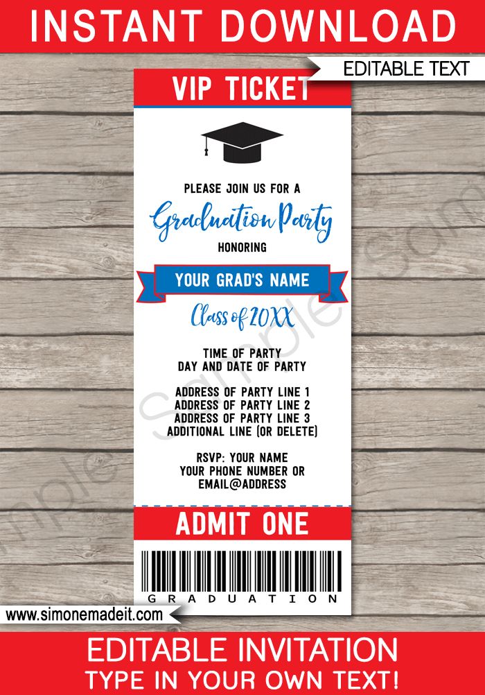 Printable Graduation Party Ticket Invitations - High School Graduation Announcements - Grad Party Ticket Invites - Editable Template - Instant Download - Red & Blue #graduationparty #graduation #graduationticket