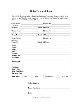 This free, printable bill of sale comes with the restriction of a lien, meaning that the seller is not the owner of the product and that conditions apply to the item of the sale. Free to download and print