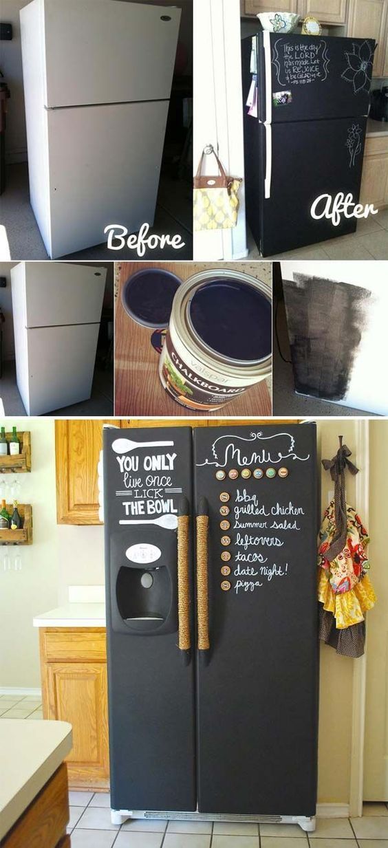 refrigerators with chalkboard writing on them in different stages of being used as magnets