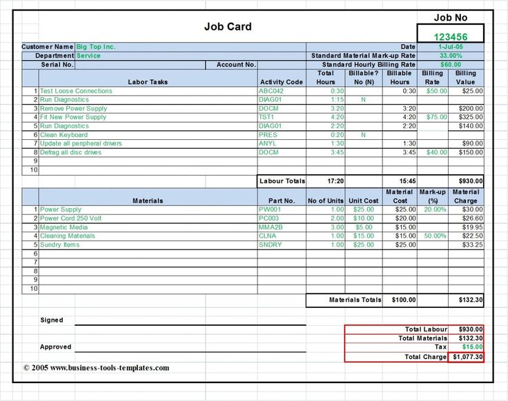 workshop job card labor material cost estimator tracking tool excel