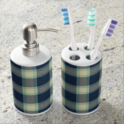 Dark Blue Mint Jade Green Classic Tartan Pattern Soap Dispenser And Toothbrush Holder - trendy gifts cool gift ideas customize