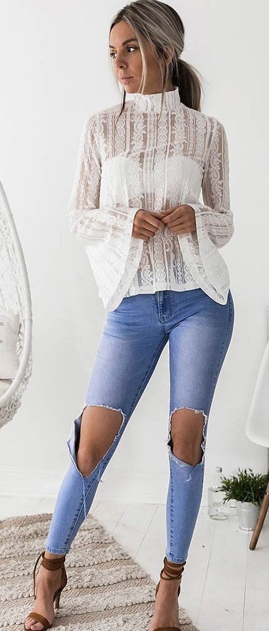 white lace long-sleeved shirt #spring #outfits white lace long-sleeved shirt #spring #outfits