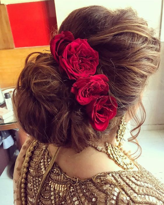 Red Roses | Bridal hairdo, Bridal hair buns, Bridal hair decorations