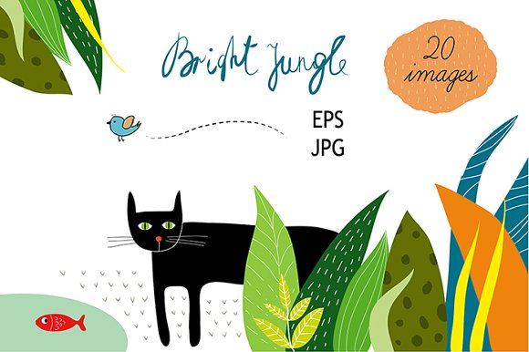 Colorful jungle 20 files EPS & JPG Graphics Bright multicolored jungle. Can be used as a template for universal colorful postcards, invitations by Lera Efremova