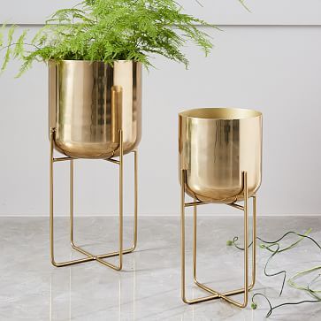 Spun Metal Standing Planter - Brass | Planter stand, Home decor