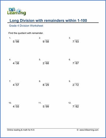 grade 4 long division worksheet 2 digit by 1 digit numbers with