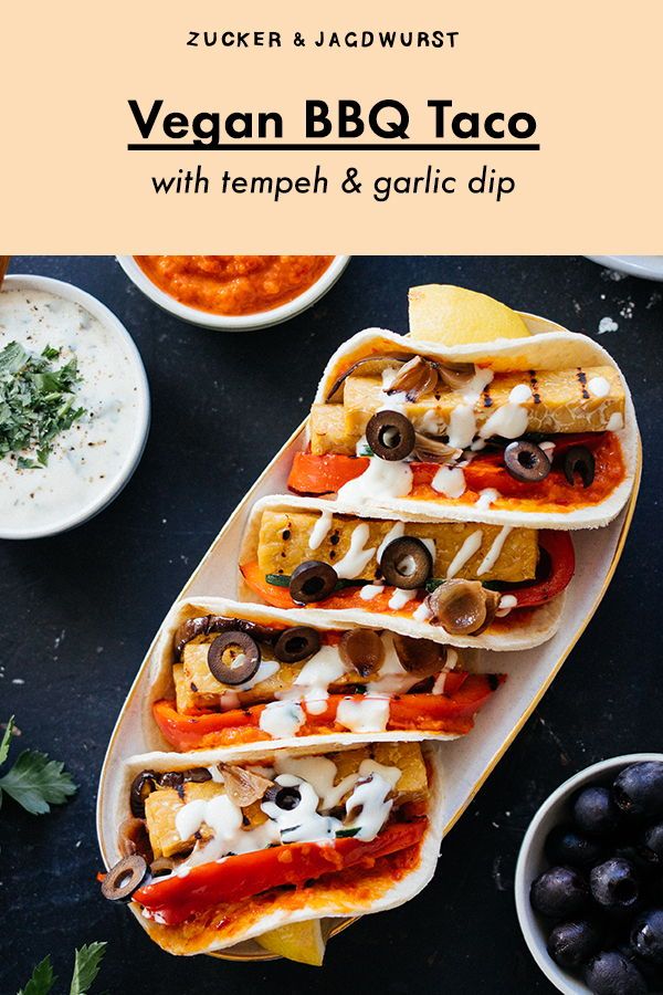 BBQ Tacos with Tempeh & Garlic Dip | Recipe in 2020 | Vegan BBQ tempeh tacos — Meal