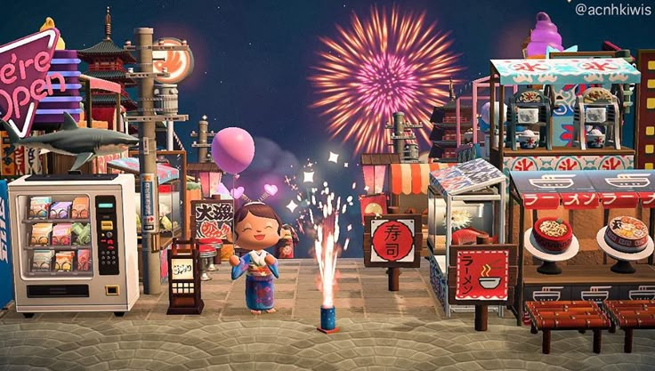 @acnhkiwis on Instagram. tags: Japanese, street market, fireworks