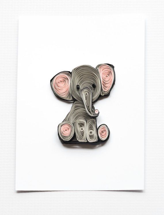 Quilled art work to frame. Pink and Gray Elephant theme. Unique Baby Shower gift...