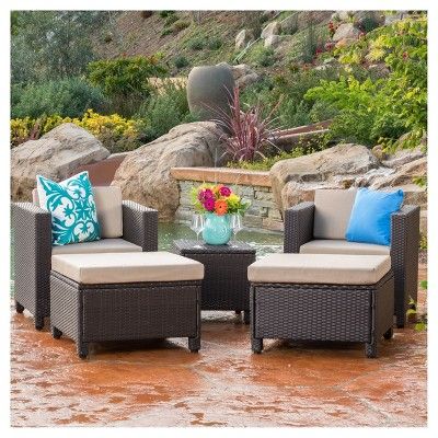 Puerta 5pc All Weather Wicker Patio Set Dark Brown Beige Christopher Knight Home Outdoor Seating Sofa Sets Wood Chairs Outdoor Sofa Sets Wood Patio Chairs, Christopher Knight Puerta Outdoor Furniture