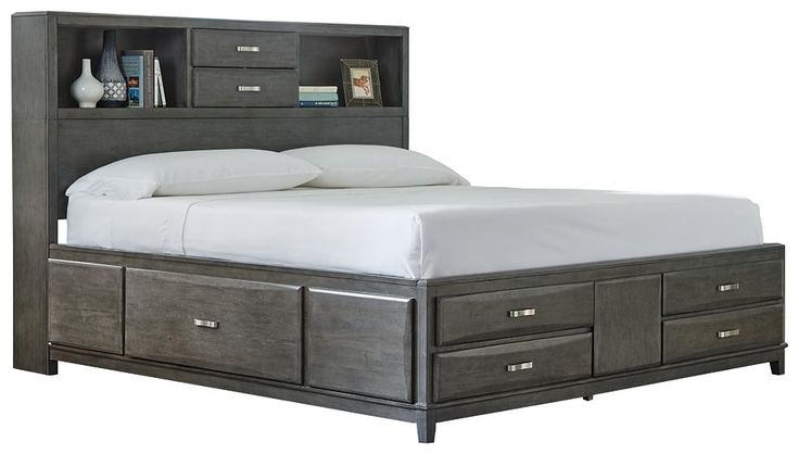 Caitbrook Amp003922 Master Bed King Storage Frame With Drawers King Storage Bed, White Full Size Storage Bed With Bookcase Headboard