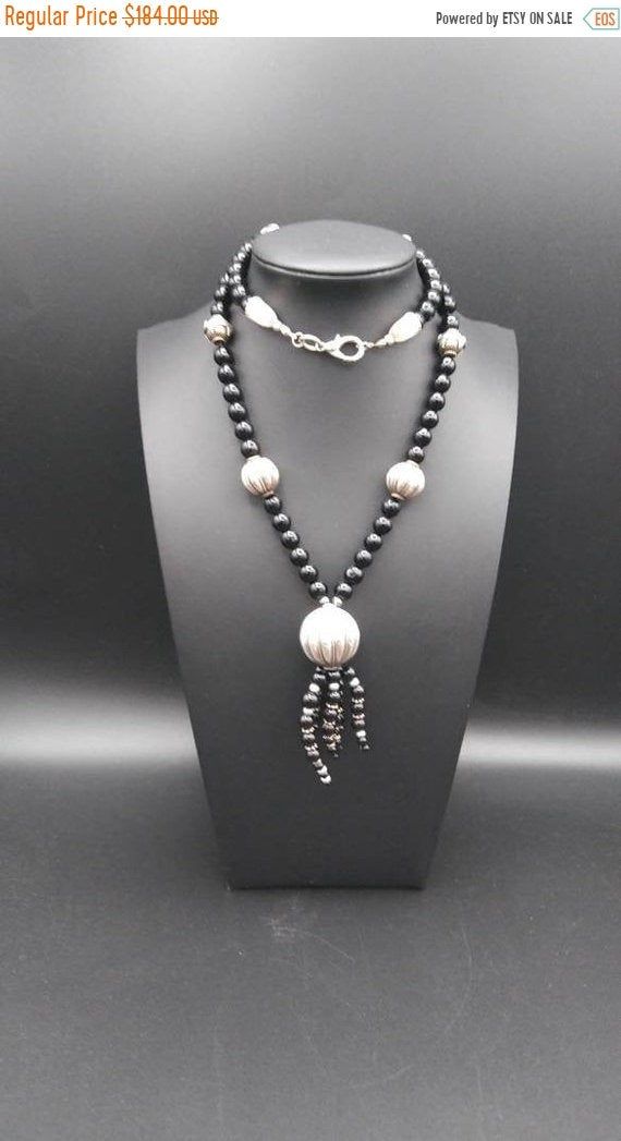 Black Twist Seed Bead and Silver Heart NecklaceMulti Strand Heart NecklaceArt Deco Torsade Necklace