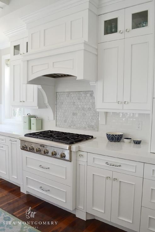 Hexagon Marble Backsplash In Kitchen With Curved Glass Hood Vent Hexagon Marble Backsplash In Kitchen With Curved Glass Hood Vent