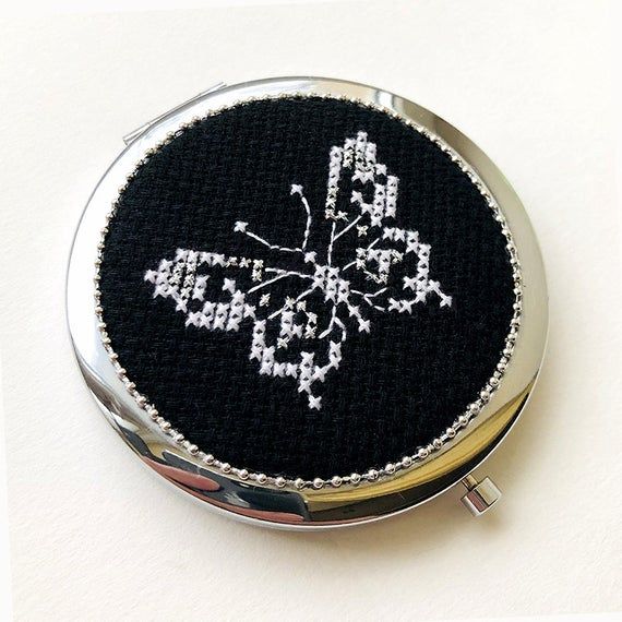 Butterfly Gift Round Metal Compact Mirror Cross Stitch Etsy Embroidery Purse Butterfly Gifts Cosmetics Gift