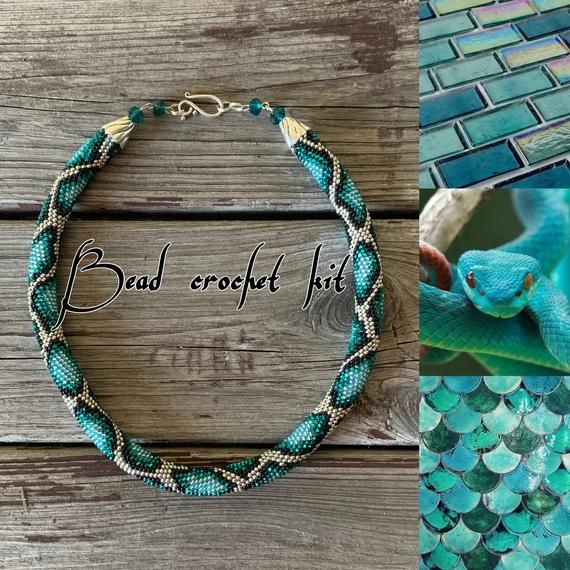 Adult Craft Jewelry making KIT diy bead crochet necklace Seed bead necklace Bead crochet KIT DIY Kit blue snake necklace