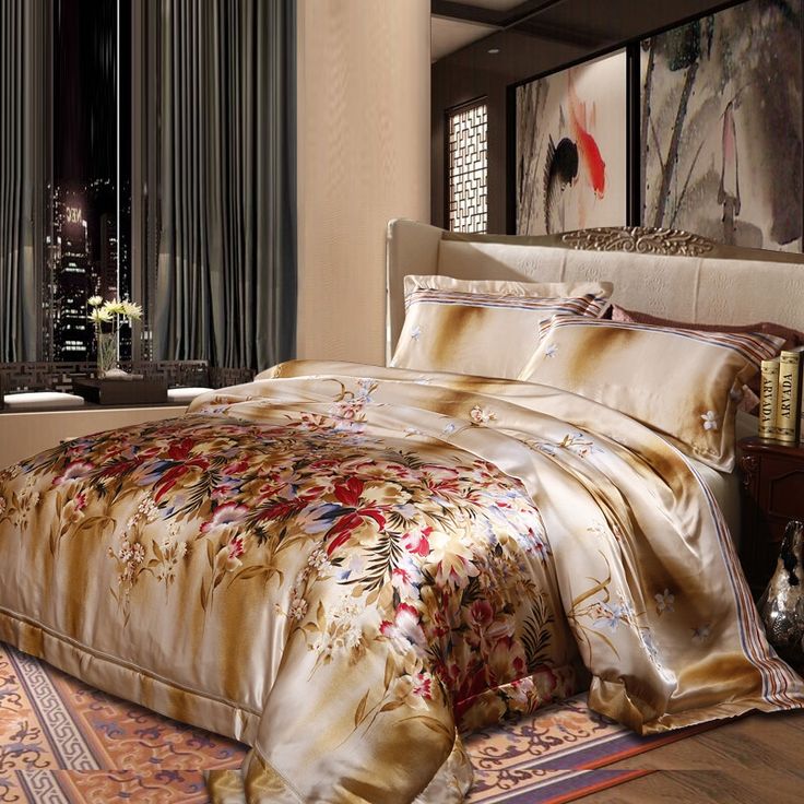 Red Gold and Beige Country Floral 100% Mulberry Silk Satin Full Red Gold and Beige Country Floral 100% Mulberry Silk Satin Full