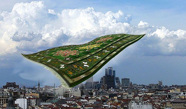 surrealistic flying carpet flies over an airplane in the blue sky. Partial 3D re