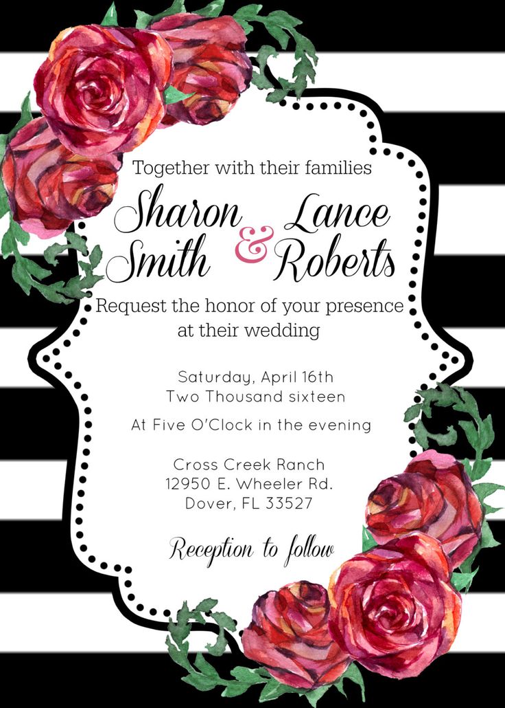 red rose black white stripe wedding invitation printable black and white invitation