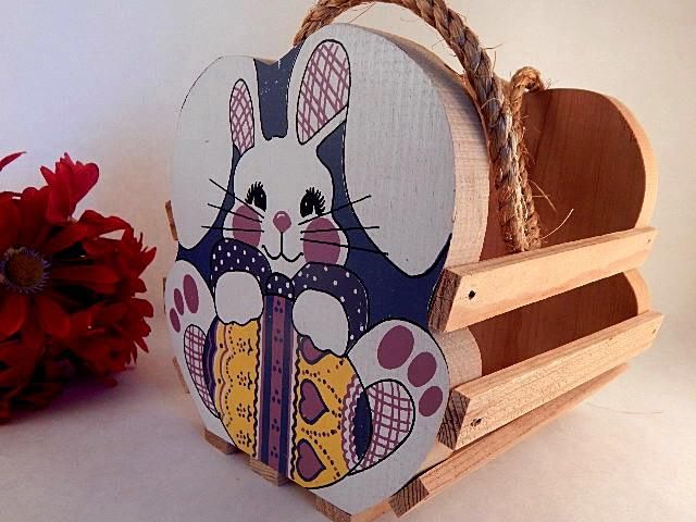 Wooden Rabbit Basket White Bunny Colorful Easter Spring Home Decor Wooden Rabbit Basket White Bunny Colorful Easter Spring Home Decor