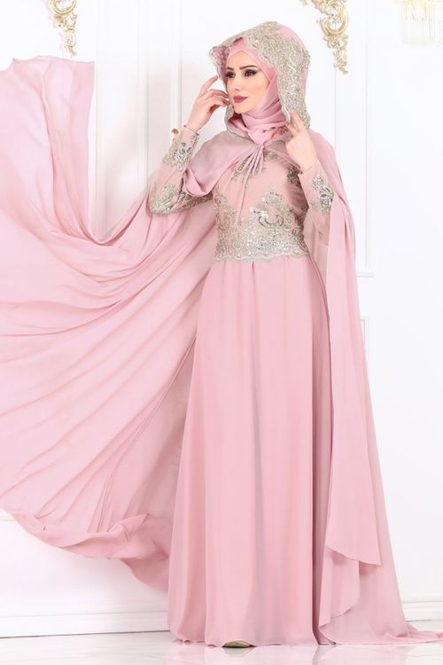 Modaselvim Abiye Kapson Pelerinli Sifon Abiye Ygs6190 Pudra Fashion Dress Party Hijab Wedding Dresses Fashion Dresses