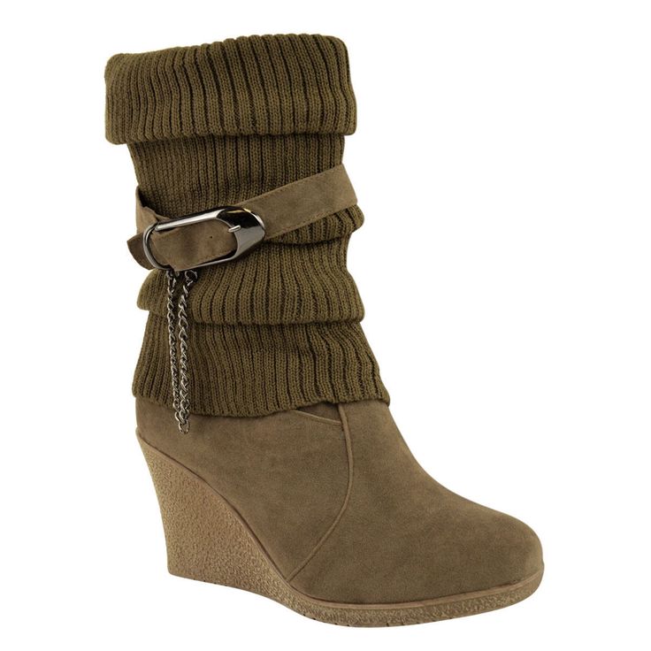 Women's Stylish Folded Buckle Mid Wedge Heels Inside Round Toe Pull On Knitted Ankle Boots Women's Stylish Folded Buckle Mid Wedge Heels Inside Round Toe Pull On Knitted Ankle Boots