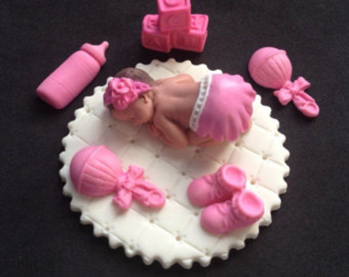 Christening Baby girl fondant sleeping baby Handmade Edible baby shower cake topper Baptism Pink Ruffle baby baby Flower headband