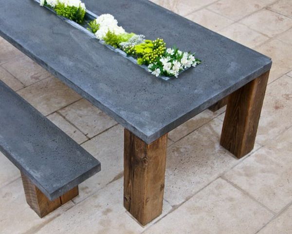 Love Outdoor Dining Table Concrete Top Reclaimed Beams Or Love Outdoor Dining Table Concrete Top Reclaimed Beams Or Railroad Tie Legs Center For Flowers Filled With Ice Drinks