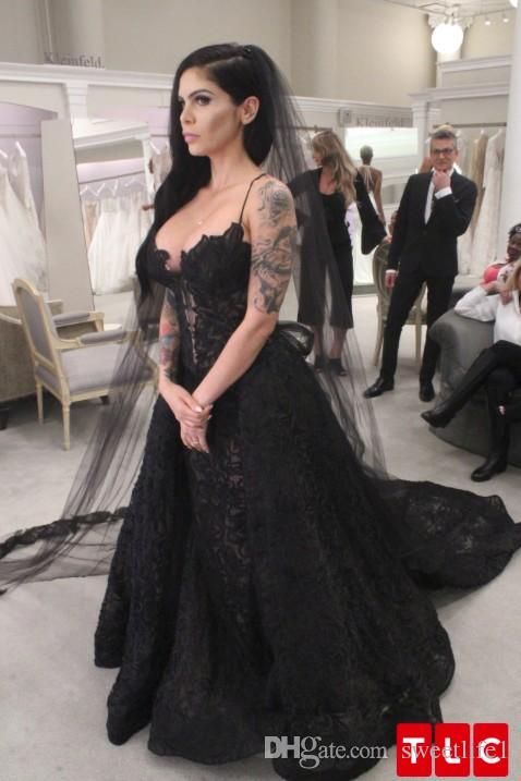 2018 New Black Spaghetti Straps Wedding Dresses Lace Sweep Train 2018 New Black Spaghetti Straps Wedding Dresses Lace Sweep Train Gothic Style Mermaid Bridal Gown Custom Made Ball Gowns Dress From Sweetlife1